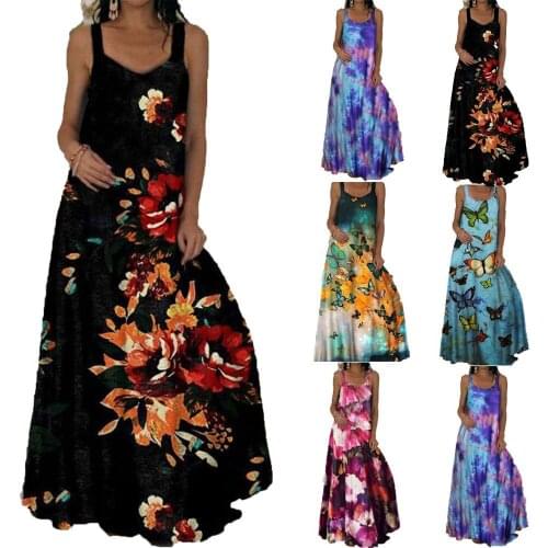 Casual Summer Women Maxi Dress 2021 Sleeveless V-neck Printed Boho Long Robe Backless Sexy Women Clothes Streetwear Vestidos 5xl