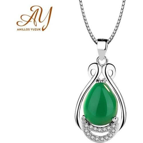 Anillos Yuzuk Water Drop Natural Green Agate Gemstone 925 Sterling Silver Vintage Pendant Necklace For Women Party Fine Jewelry