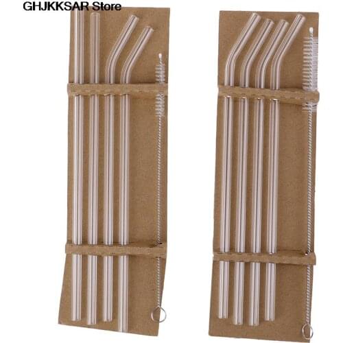 5Pcs/set Transparent Glass Straight Bend Straws Cleaning Brush For Beverage Drinks Bar Party Kitchen Accessory