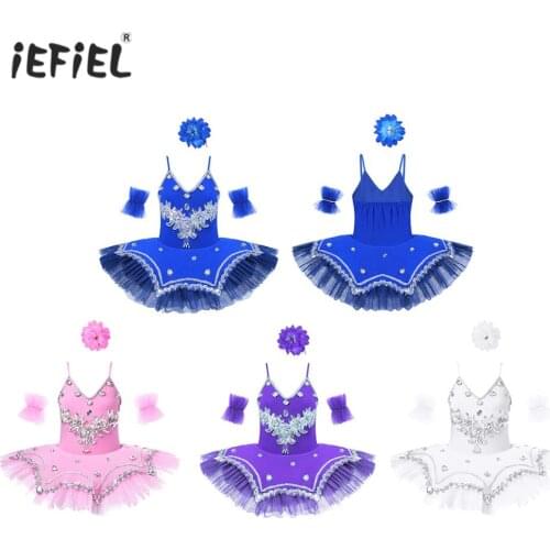 Kids Girls Ballet Tutu Dress Rhinestone Sequins Beads Gymnastics Leotard Girl Dress Swan Dance Costume Set Performance Clothes