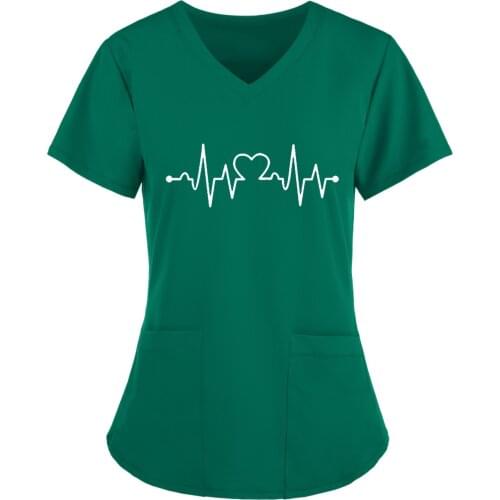 Casual Heart Print Pocket Blouse Soft Clothes New Summer Women Working Uniform Female Short Sleeve V-Neck Tops Ladies