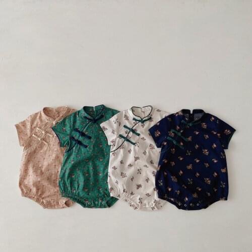 Summer New Infant Newbrown Baby Chinese Style Short Sleeve Bodysuit Inddler Boy And Girl Floral Embroidery Bodysuits