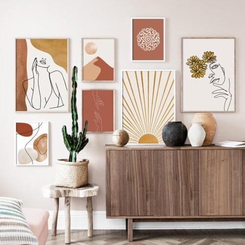 Bohemia Wall Art Pictures Canvas Abstract Line Flower Women Sun Poster Minimalist Prints Nordic Living Room Decorative Paintings