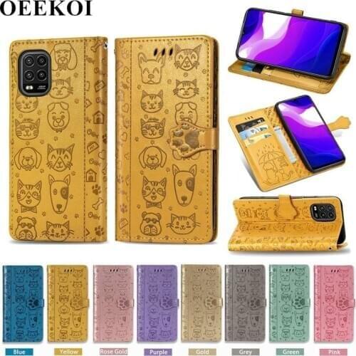 OEEKOI Cartoon Style Cat Dog Wallet Flip Cover Case for Xiaomi Mi 10 Lite 5G with Card Slot Holder