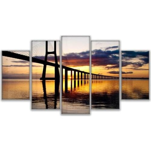 HD Prints Pictures Home Decor Modular Canvas Wall Art Frame Poster 5 Pieces Vasco Da Gama Bridge Sunset Seascape Painting