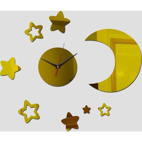 Top hot sale new arrival real acrylic watch wall moon,star modern design luxury mirror 3d watches clocks rree shipping