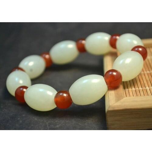 Collectible Treasure Unique Energy Rare Chinese Hetian White Jade Big Fortune Rice Shaped Bracelet Bangle Carving