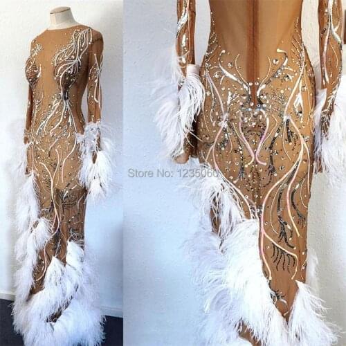 Fashion Crystals Mesh Dress Sexy Rhinestones See Through Stretch Stage Dance Wear Evening Celebrate feathers Dress Costume