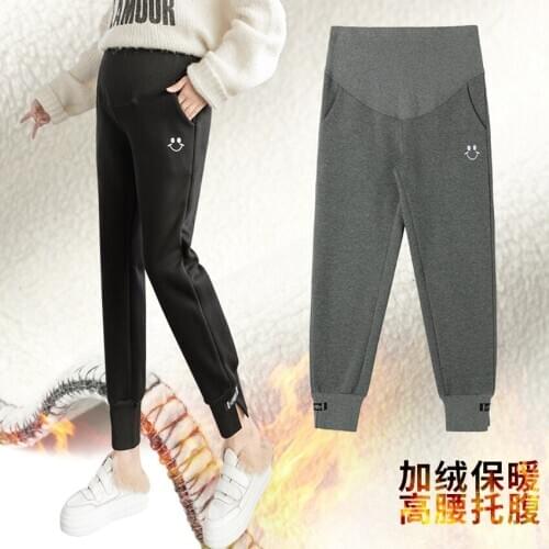 Fashion new pregnant womens cotton belly support plus cashmere lamb velvet smiley sweatpants wide leg pants old pants
