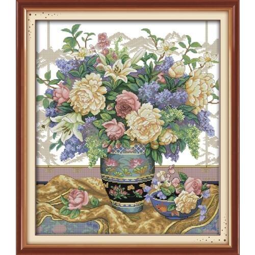 Oriental Vase Flower Set Canvas Cross Stitch Kit Art Crafts Accurate Printed Embroidery DIY Handmade Needle Work Home Decor