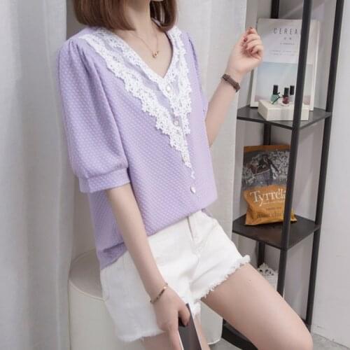 Nkandby Plus Size Summer Women Shirts Fashion Lace Trim V-neck Short Sleeve Blouses Single Breasted Romantic Blusas Top Oversize
