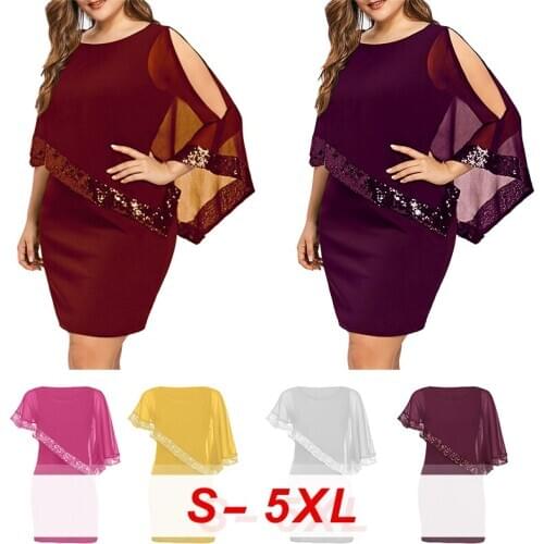 Dress for Women Plus Big Size 2020 Sexy Bat Sleeve Irregular Sequin Dresses Female Clothes Solid Color Casual Dress