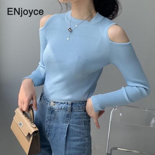2020 Autumn New Sexy Off Shoulder Sweater Women Casual Long Sleeve Ribbed Solid Pullover Female Knitted Tops