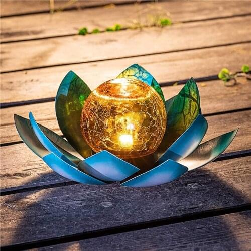 Outdoor Decor Solar Lights Garden Metal Lotus Solar Lamp Art Cracked Glass Landscape Lights for Pathways Lawns Courtyards