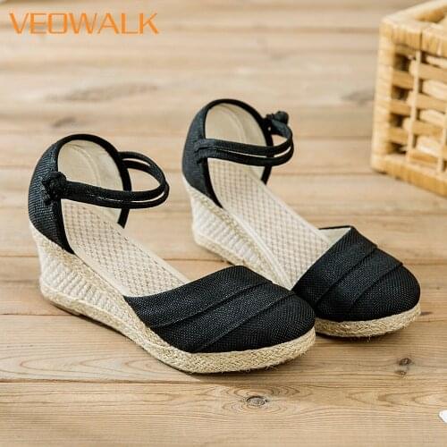 Veowalk Patchwork Closed Toe Women Linen 6cm Wedge Espadrilles Sandals Summer Ladies Comfortable Casual High Heel Platform Shoes