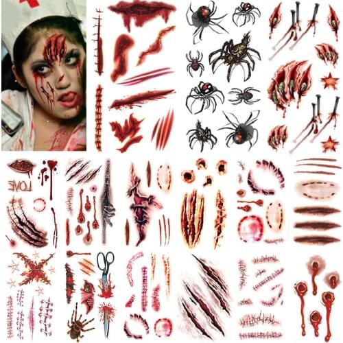 Halloween Temporary Tattoos for Adult Kids Scar Spider Masquerade Waterproof Festival Tattoo Stickers Black Red Fake Tattoos