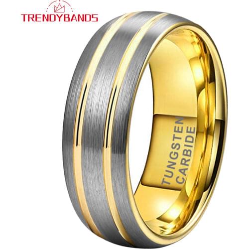 8MM Gold Mens Womens Tungsten Rings Wedding Band Domed Double Center Brushed Finish Comfort Fit