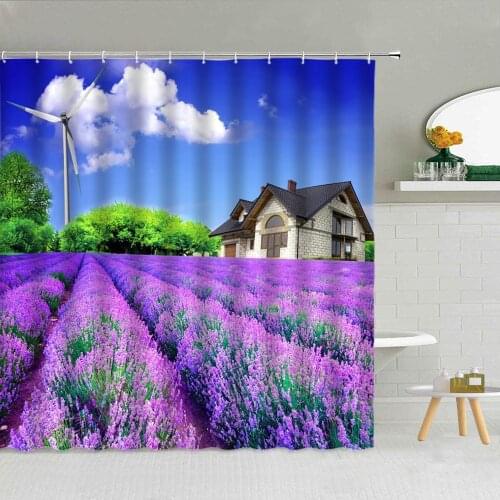Lavender Flower Pastoral Scenery Shower Curtains European Town Windmill Garden View Bathroom Decor Waterproof Fabric Curtain Set
