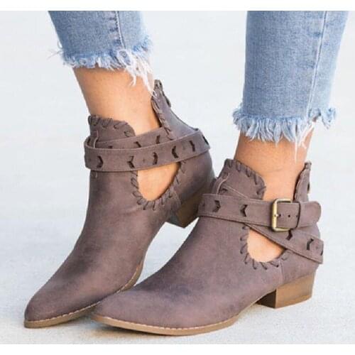 Womens Shoes Boots round head belt buckle hollow large size European and American style womens zapatos nude boots Chelsea