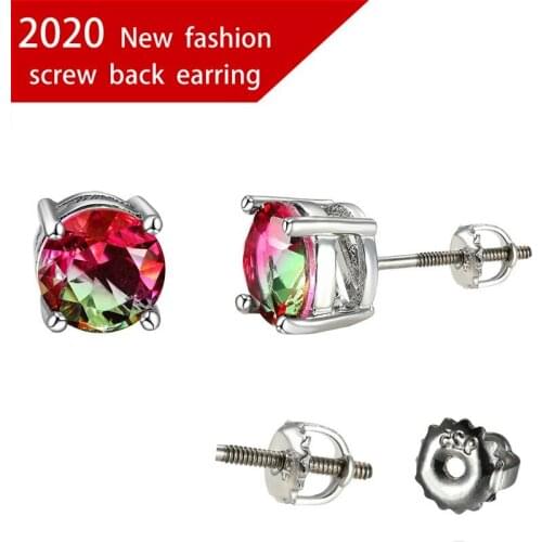 Red Green Crystal Zircon Round Stud Earrings For Women Vintage Fashion Rainbow Stone Screw Back Earrings Female Wedding Jewelry