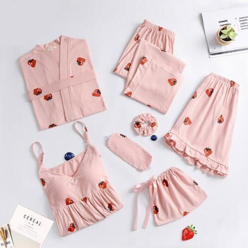 Women Pajamas 7 Sets Cotton Sleepwear Pijama Ladies Home Wear Home Clothing Chest Pads Spaghetti Strap Sleep Lounge Summer