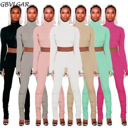 Turtleneck Long Sleeve Bodycon Fitness Tracksuit Women Sexy Embroidery Lucky Label Crop Top + Leggings Two Piece Set Outfits