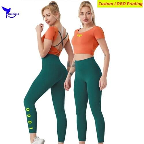 Custom LOGO Women Yoga Crop Top+Tights 2 Pcs Sports Suit Workout Gym Sportswear Build In Bra Quick Dry Fitness Running Set