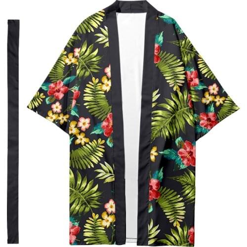 Tropical Plants Printed Long Kimono Cardigan With Belt Japanese Traditional Couple Women Men Casual Asian Clothes Harajuku