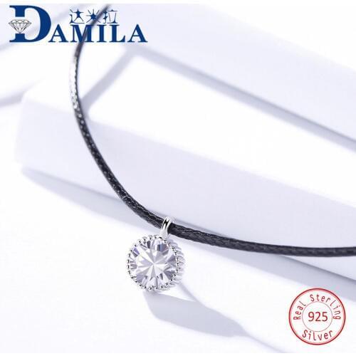 Round Crystal leather choker 925 Sterling Silver pendant necklace For Women Fashion silver choker jewelry necklaces for girls