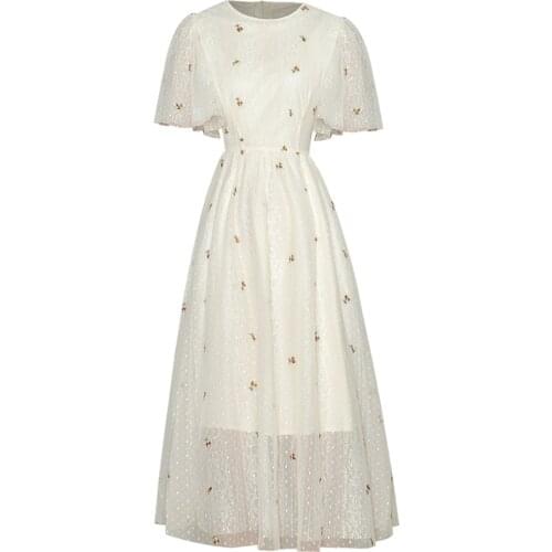 Fashion Designer New Summer High Quality WomenS Elegant Chic Lotus Leaf Sleeve Flower Embroidery Party Casual Midi Lace Dress