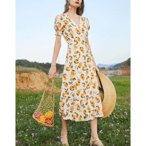 100% Linen Women Dress Spring / Summer 2020 New Dress Retro Printing V-neck Puff Sleeve Linen Midi Dress