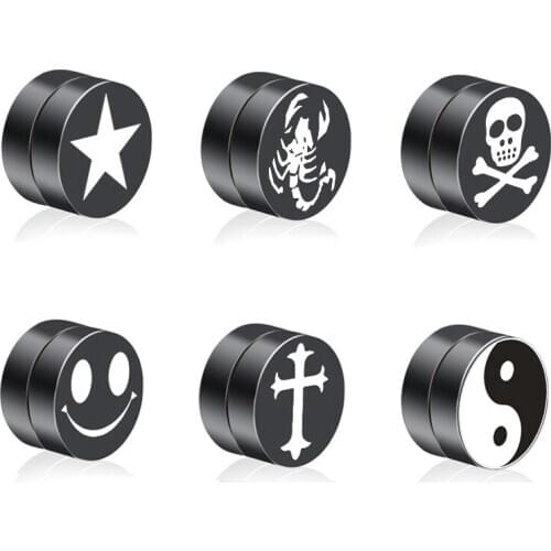 1pc Magnetic Fake Ear Stud Earring Set Faux Plug No Piercing Magnet Clip Earrings Stainless Steel Black Circle Unisex Jewelry