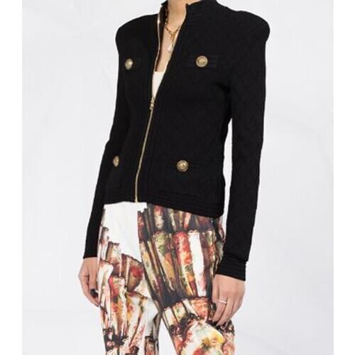 7.15 2020 Early Autumn New Fashion Stand Collar Long sleeve Argyle Elastic Slim Zip Short Coat Ladies Knitted Cardigan Jacket