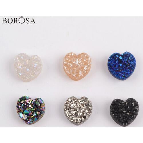 BOROSA Druzy Beads 10Pcs Stylish Heart Rainbow Titanium Druzy Bead Natural Drusy Beads for Necklace Bracelet Jewelry LS066