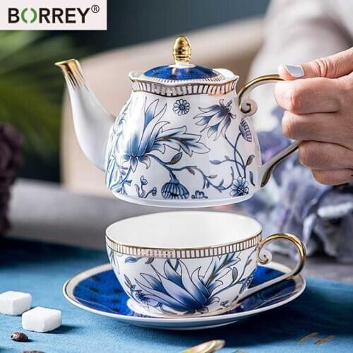 BORREY Bone China TeaPot Set Coffee Mug Flower Tea Pot Puer Oolong Kung Fu Afternoon Tea Turkish Teaware Ceramic Cup Kettle Set