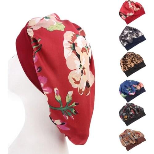 Women Silky Satin Bonnet Sleep Cap Cross Front Wide Band Turban Head Cover Vintage Floral Print Large Night Sleeping Hat