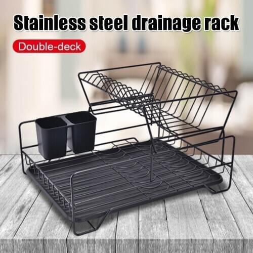 Double Rows Stainless Steel Dishes Drying Rack with Drain Board for Kitchen Counter Dishes Rack with Utensil Holder Dropshipping