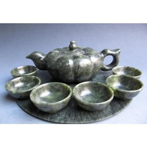 Song voge gem S0076 Chinese Green Jade Dragon Carved teapot teacup Tea Set