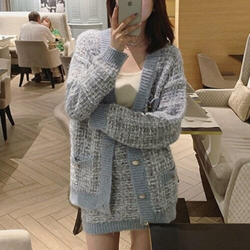 Two Piece Set Women High Quality Fall Winter Sweater Suits Knit 2 Piece Set Korean Casual Sweater Cardigan & Bodycon Mini Skirt