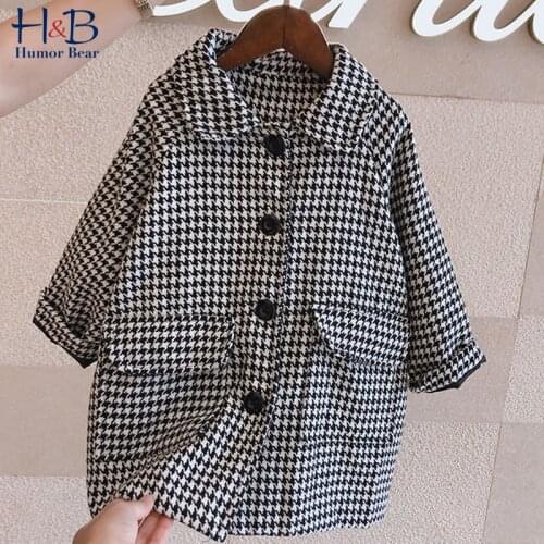 Humor Bear Children Coat 2021 Spring Autumn Long- Sleeve Plaid Printed Jacket Lapel Collar Casual Kids Mid-Length Clothes