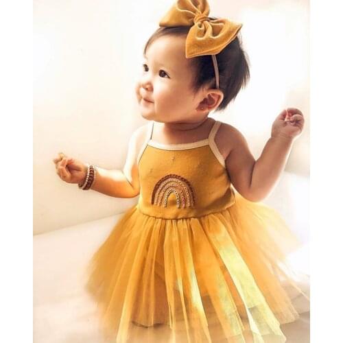 Summer Baby Girls Casual Suspender Romper Fresh Rainbow Embroidery Mesh Yarn Hem Jumpsuits Dress Headband