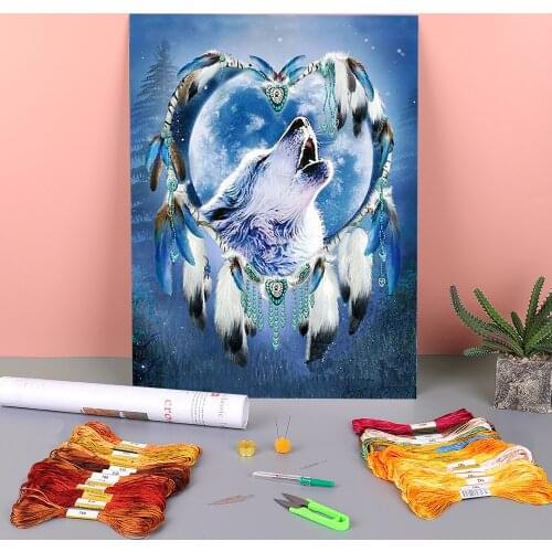 Dreamcatcher Wolf Printed Fabric 11CT Cross-Stitch Patterns DIY Embroidery DMC Threads Handmade Craft Painting Hobby Decor