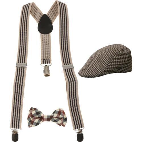 Fashion Kids Boys Stretchble Y-back Suspender Bowtie with 3 Adjustable Silvery Clips 2 Length Adjusters+Beret Cap Flat Hat Set