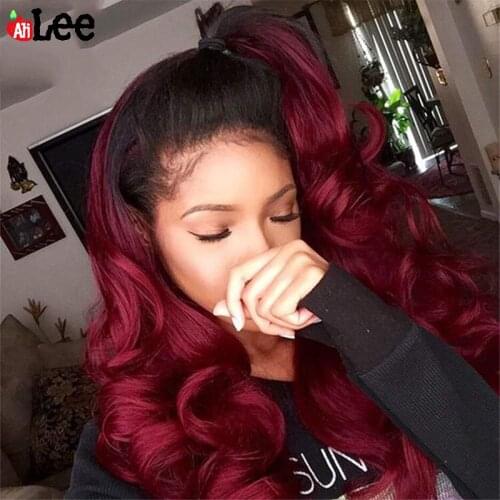 AliLee Body Wave 1B/99J Colored Lace Front Wigs Human Hair Ombre Burgundy Pre Plucked Malaysian Human Hair Lace Wigs For Women