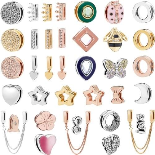 Flat Star Heart Clip Safety Chain S925 Silver Charms Bead Fit FLAT Watch Bracelets Chains Original Silver Bangles Christmas Gift