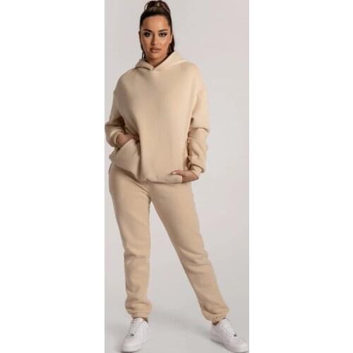 Casual Thick Fleece Tracksuit Women Solid Pullover Pockets Hooded Top And Sweatpants Two Piece Set Sweatsuit 2020 Winter Outfits