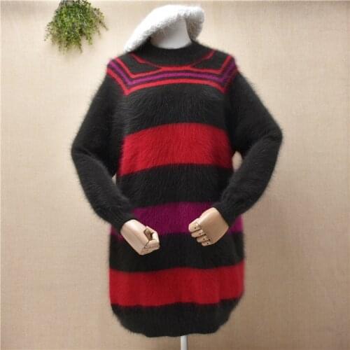 Ladies women fashion hairy plush mink cashmere knitted long sleeves striped long sweater pullover angora fur jumper pull dress