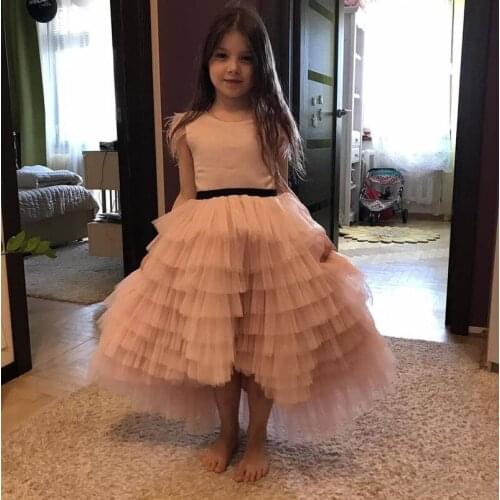 Champagne Puffy Tulle Girls Dresses Ribbon Princess Little Kids Birthday Party Dress For Big Day