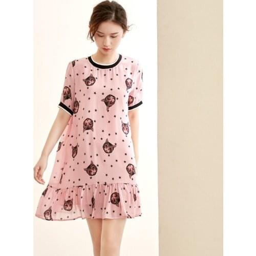 Pink Print Cat Star Floral Silk Crepe Dresses Women Fashion 2021 Summer Long Casual Sexy Office Work Daily Dress Plus Size Slim