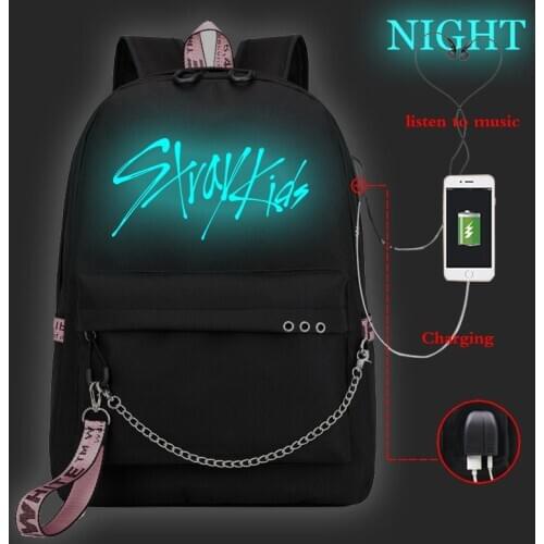 College Bags Stray Kids Print Girl School Bag Luminous Schoolbag Laptop Bookbag Usb Charge Women Canvas Backpack Travel Rucksack